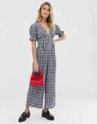 Asos Design Gingham Jumpsuit With Puff Sleeves-blue