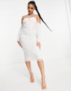 Asos Design Cold Shoulder Sequin Midi Pencil Dress In White