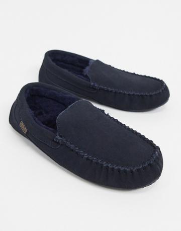 Sheepskin By Totes Suede Moccasin Slippers In Navy