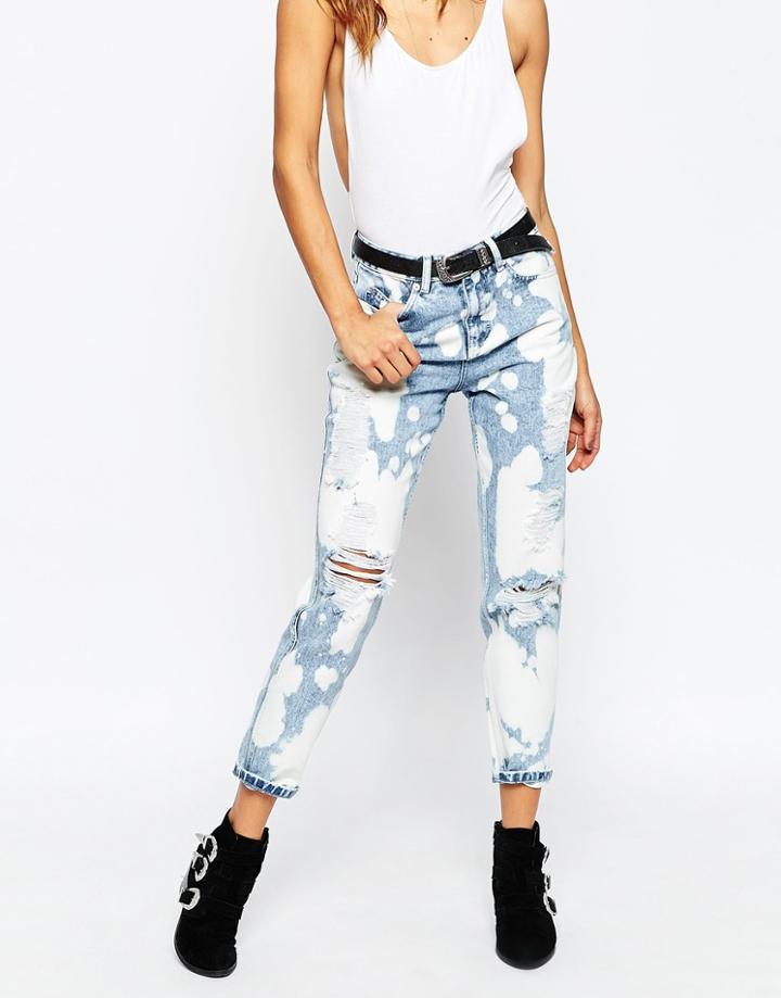 Asos Original Mom Jeans In Amy Blue With Bleach Splatter And Rips - Amy Blue