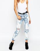 Asos Original Mom Jeans In Amy Blue With Bleach Splatter And Rips - Amy Blue
