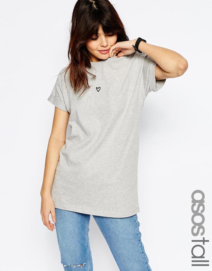 Asos Tall Oversized T-shirt With Embroidered Heart - Gray Marl