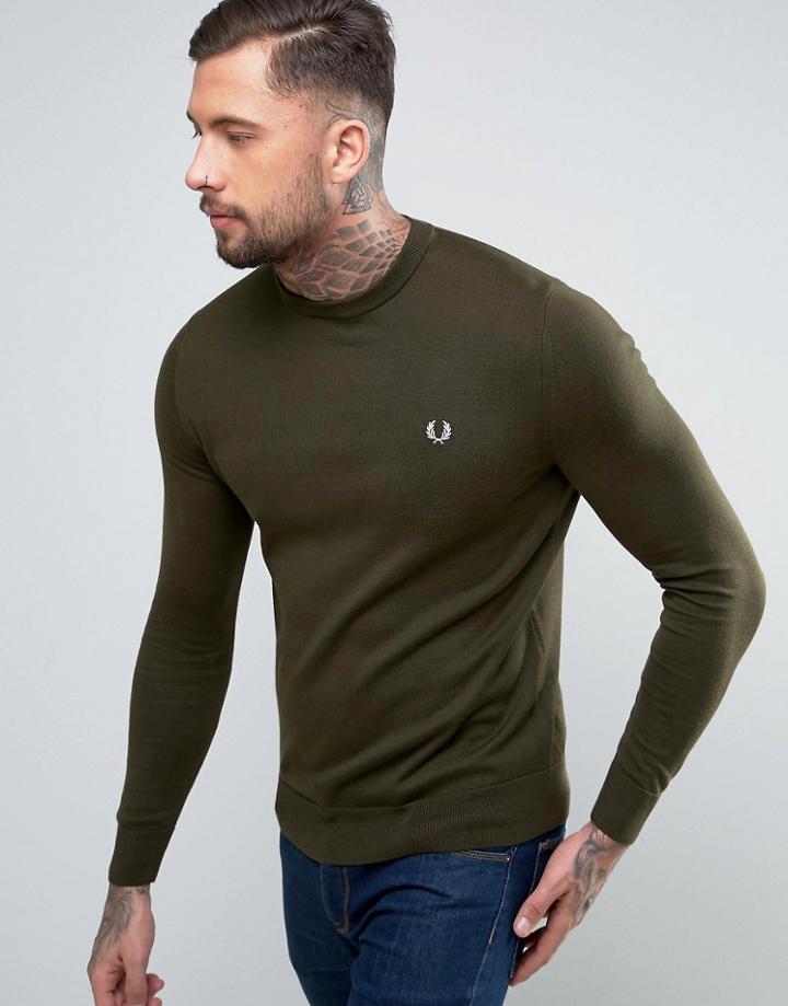 Fred Perry Crew Neck Cotton Sweater In Green - Green