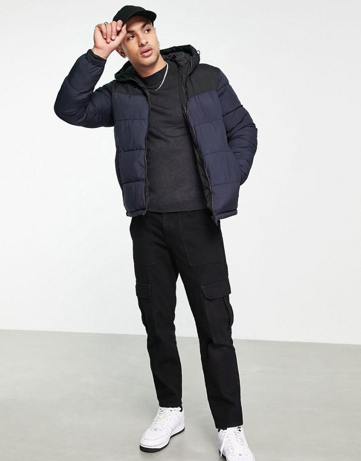 Jack & Jones Originals Hooded Puffer Jacket In Navy