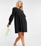 Asos Design Maternity Soft Denim Puff Sleeve Smock Dress In Washed Black