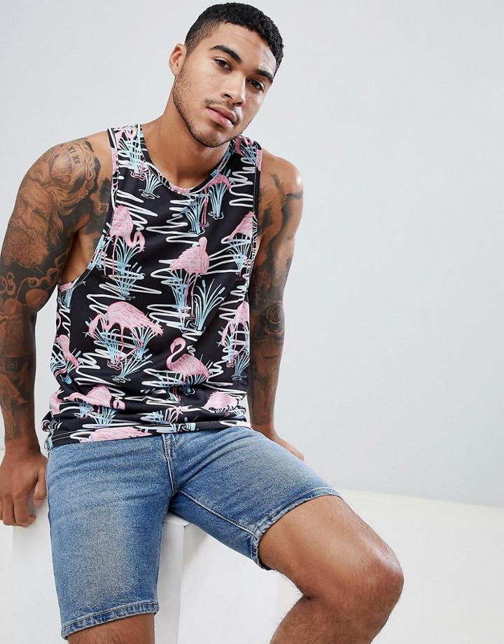 Urban Threads Flamingo Print Tank - Black