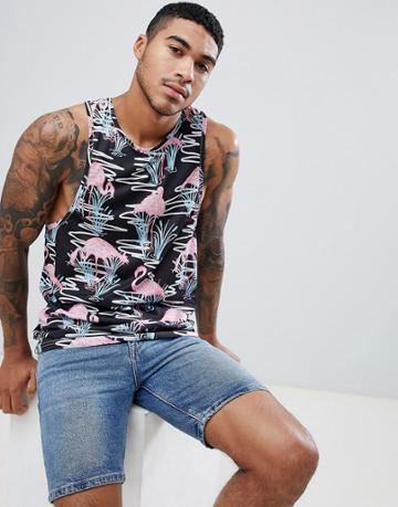 Urban Threads Flamingo Print Tank - Black