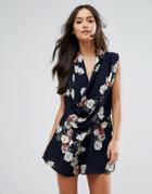Love & Other Things Button Up Floral Romper - Navy