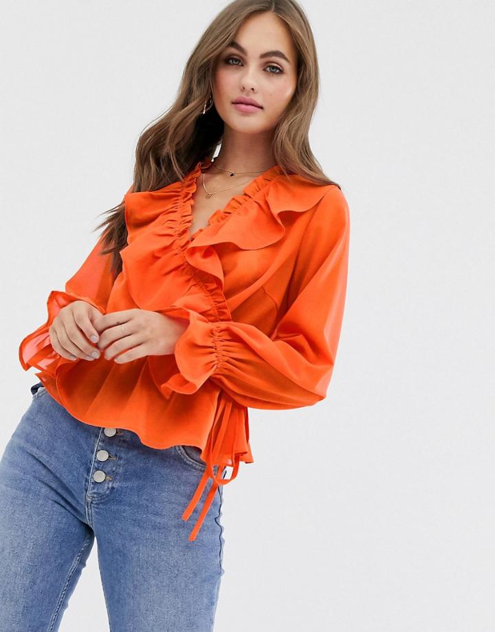 Asos Design Long Sleeve Wrap Top With Ruffle Detail - Red