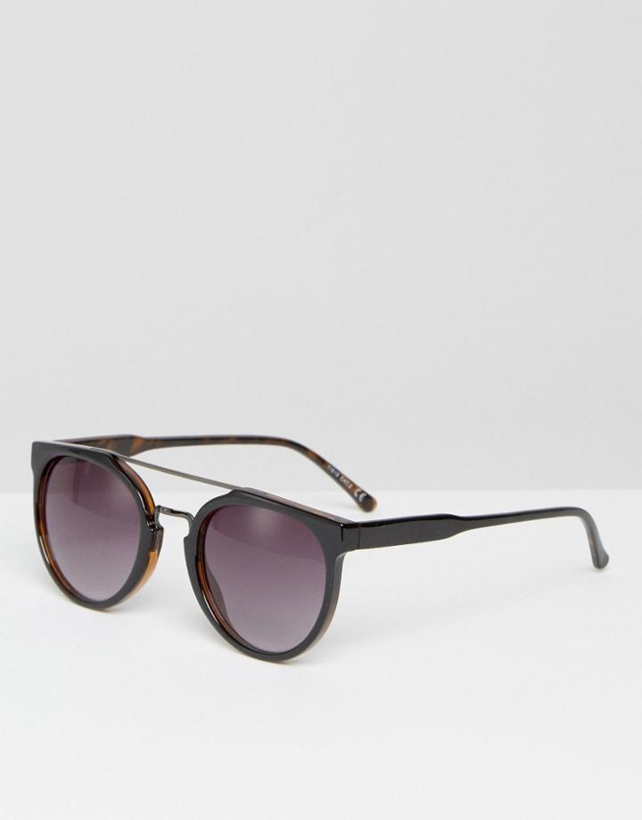 Asos Round Sunglasses With Brow Bar And Tort Inner - Black