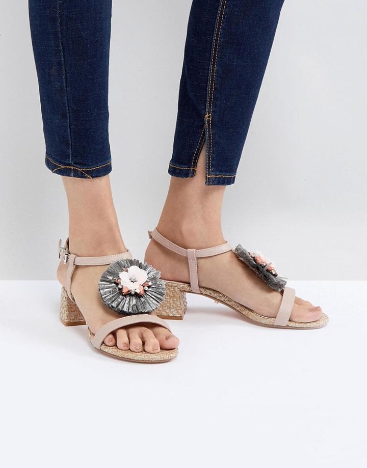 Dune Low Heel Leather Sandal With Raffia Embellished Flower - Pink