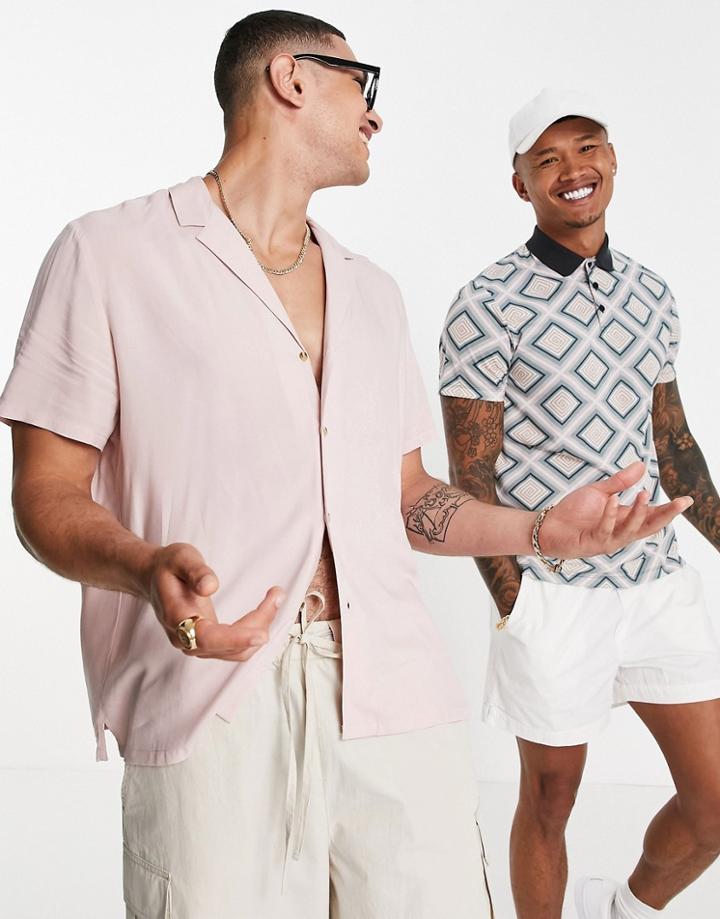 Asos Design Relaxed Viscose Shirt With Revere Collar In Pink
