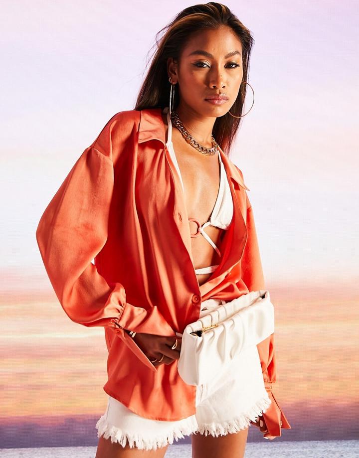 Asos Design Satin Shirt With Deep Cuff In Orange