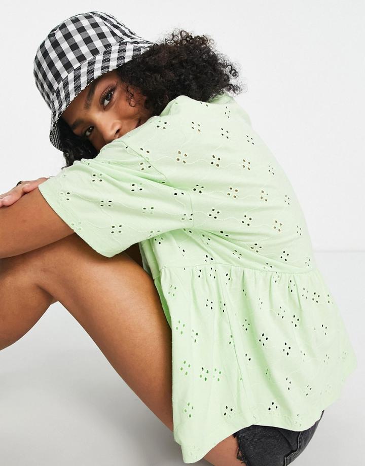 Asos Design Eyelet Smock Top In Washed Green