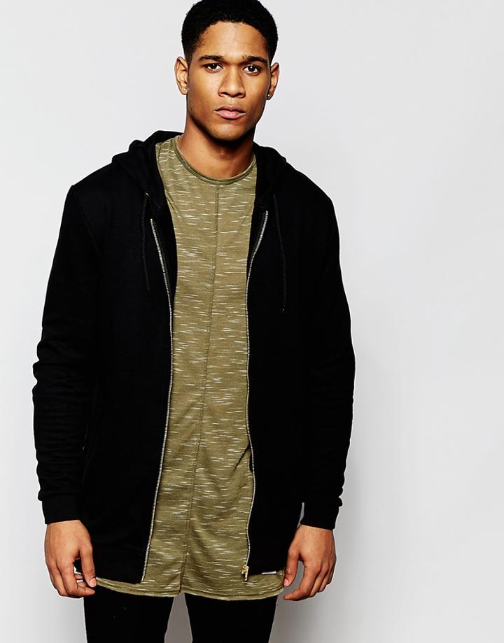 Asos Longline Hoodie With Gold Zips In Black - Black