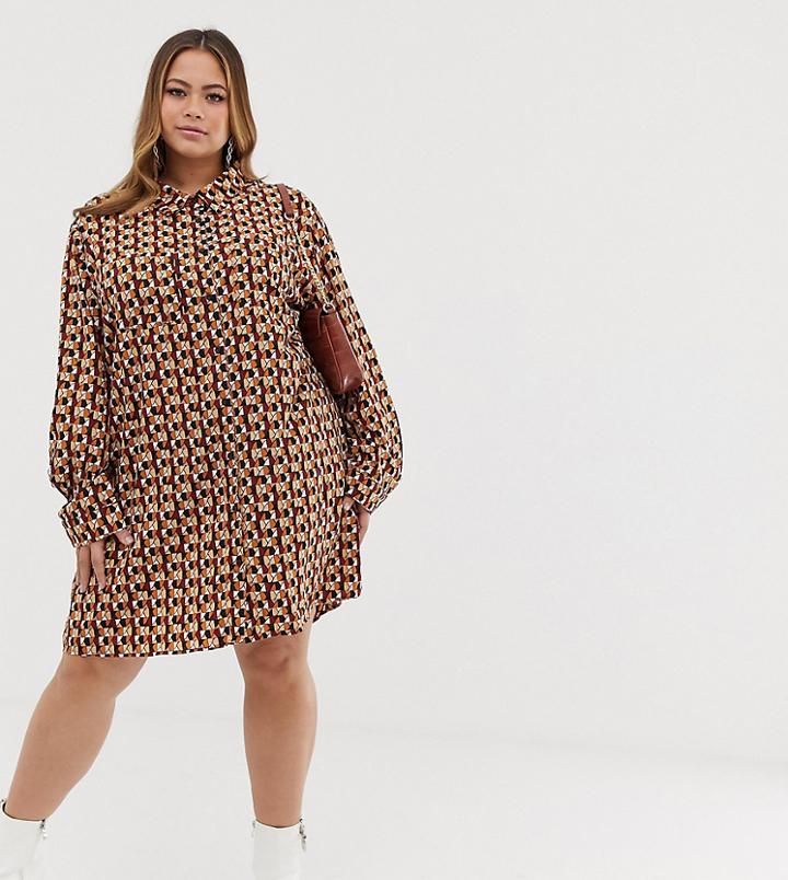 Prettylittlething Plus Shirt Dress In Chevron Print - Multi