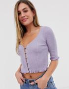 Asos Design Short Sleeve Button Front Cardigan With Scoop Neck-purple
