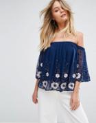 New Look Embroidered Floral Mesh Bardot Top - Blue