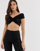 The Girlcode Stretch Chiffon Twist Bardot Crop Top In Black