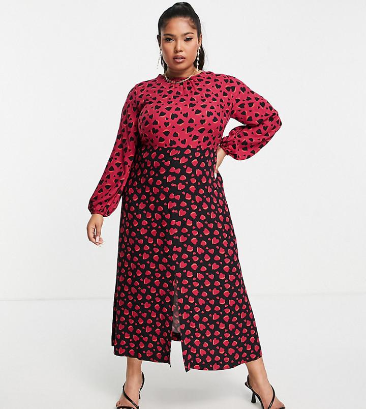 Closet London Plus Contrast Midi Tea Dress In Plum Heart Print-multi