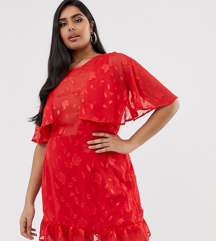 Lasula Plus Plunge Cape Mini Dress With Frill Hem In Red Lace Overlay - Red