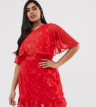 Lasula Plus Plunge Cape Mini Dress With Frill Hem In Red Lace Overlay - Red