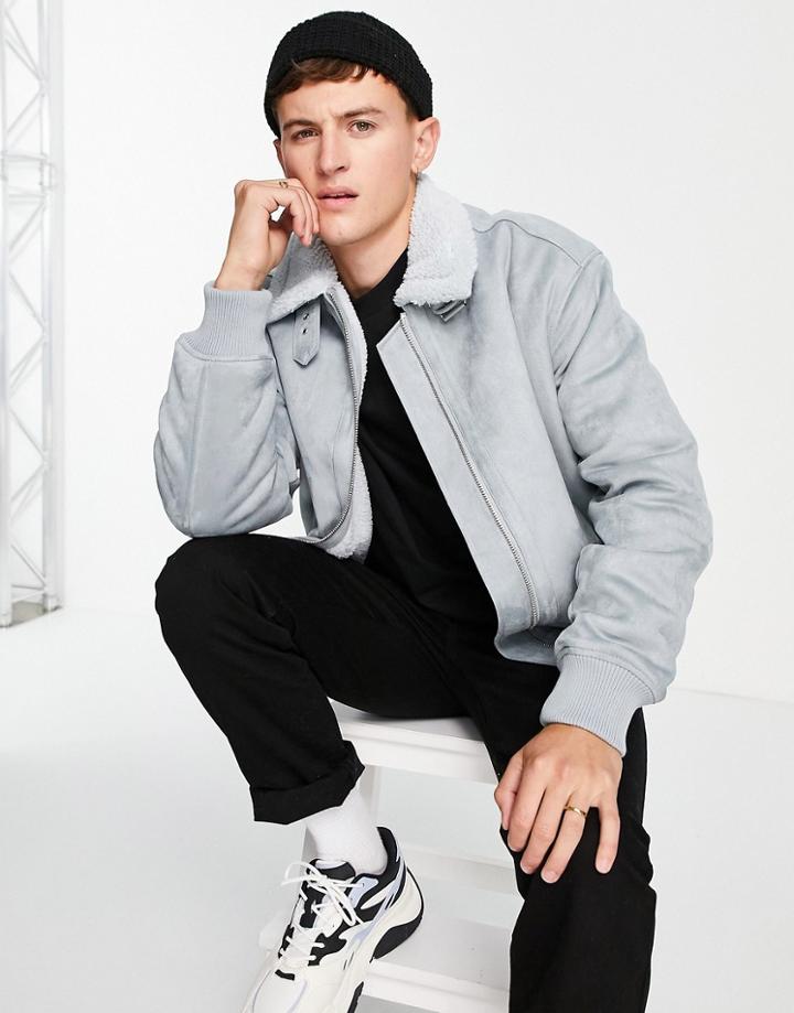 Topman Faux Shearling Bomber Jacket In Blue-blues