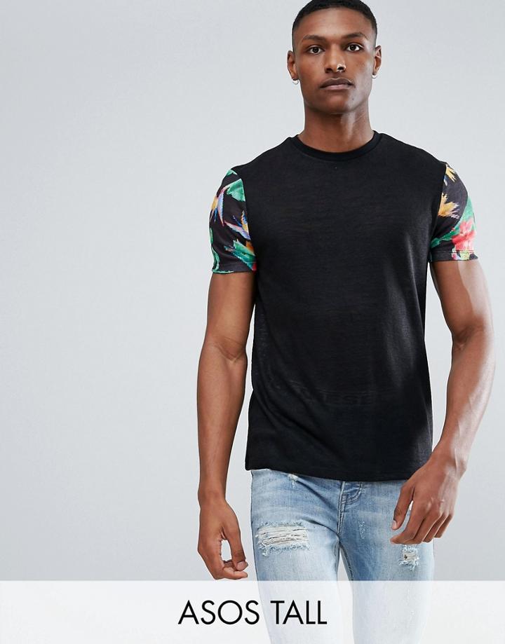 Asos Tall T-shirt In Linen Look With Contrast Floral Sleeves - Black