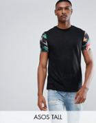 Asos Tall T-shirt In Linen Look With Contrast Floral Sleeves - Black