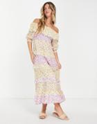 Miss Selfridge Tiered Frill Bardot Maxi Dress In Mix Ditsy Print-multi