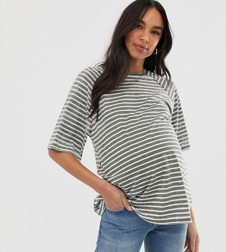 Asos Design Maternity Boxy T-shirt In Burnout Stripe-green