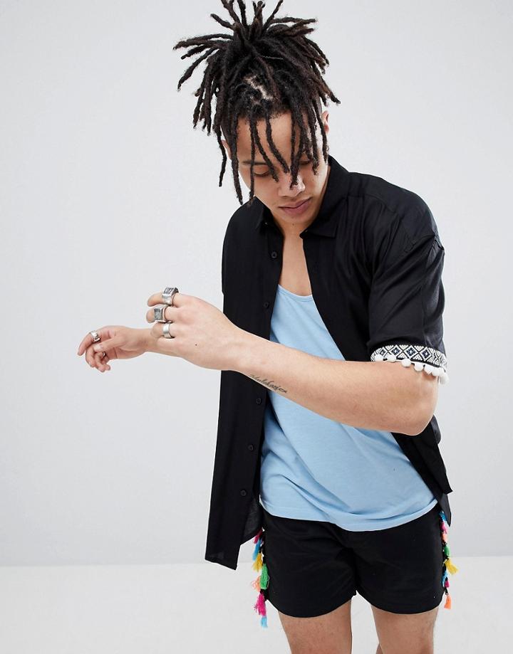 Asos Design Festival Oversized Shirt With Pom Pom & Geo-tribal Detail Sleeve - Black