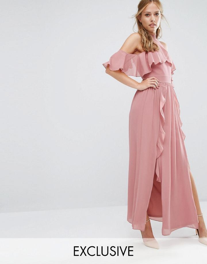 Tfnc Wedding High Neck Maxi Dress With Frills - Pink