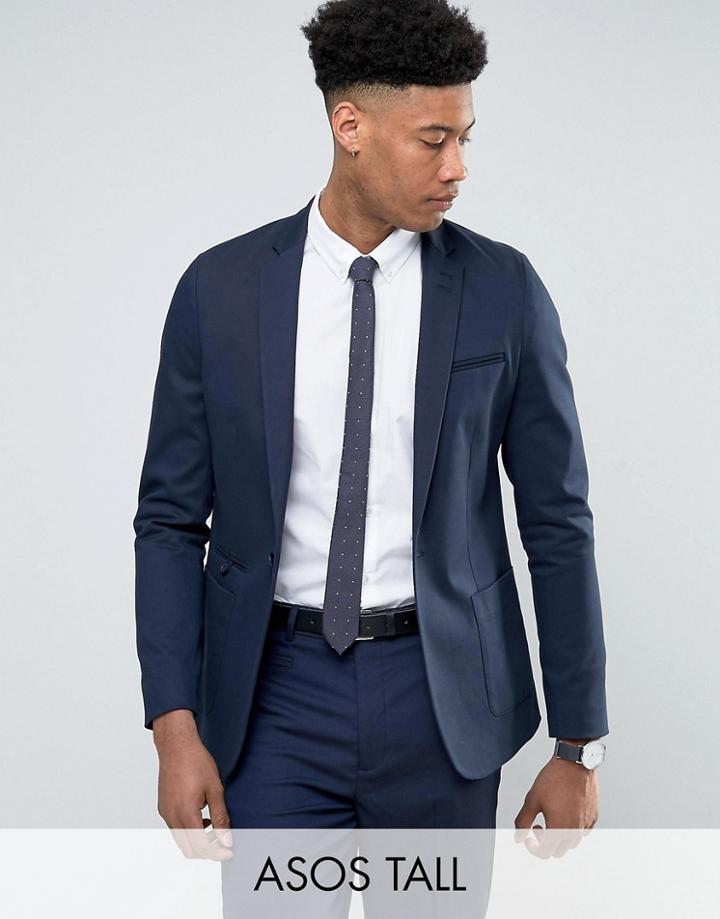 Asos Tall Skinny Blazer In Navy Cotton - Navy