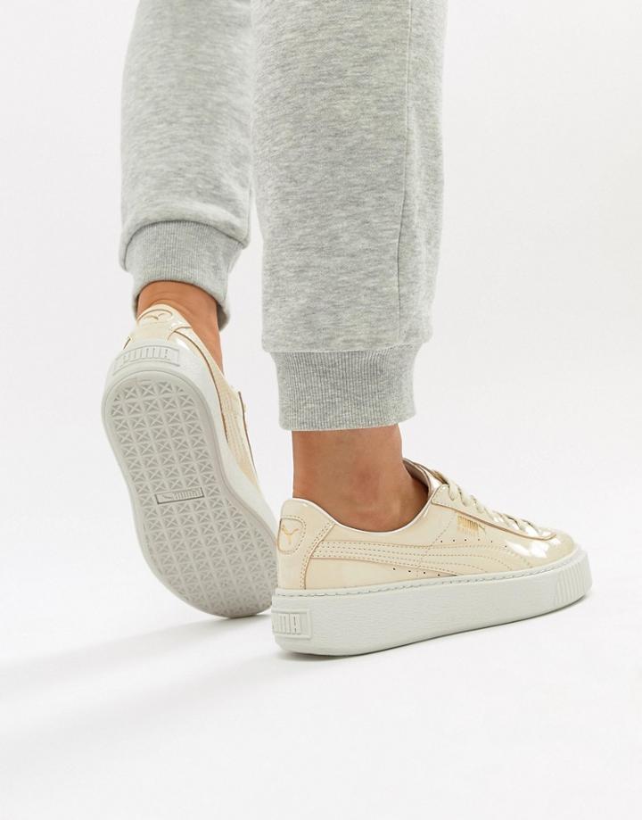 Puma Basket Heart Patent Sneaker In Oatmeal - Cream