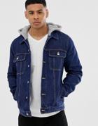 Asos Design Denim Jacket With Jersey Hood In Dark Wash - Blue