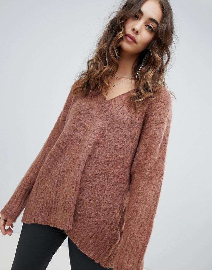 Religion Fluffy Knit Oversized V-neck Cable Knit Sweater - Brown