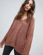 Religion Fluffy Knit Oversized V-neck Cable Knit Sweater - Brown