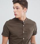 Asos Design Tall Casual Sknny Fit Oxford With Grandad Collar In Khaki - Green