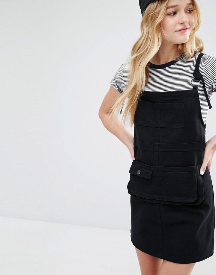 Daisy Street Pinafore Dress With Pocket Detail - Black