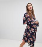 Asos Maternity Mini Dress With Hanky Hem And Frill Cuff In Spot Floral Print - Multi