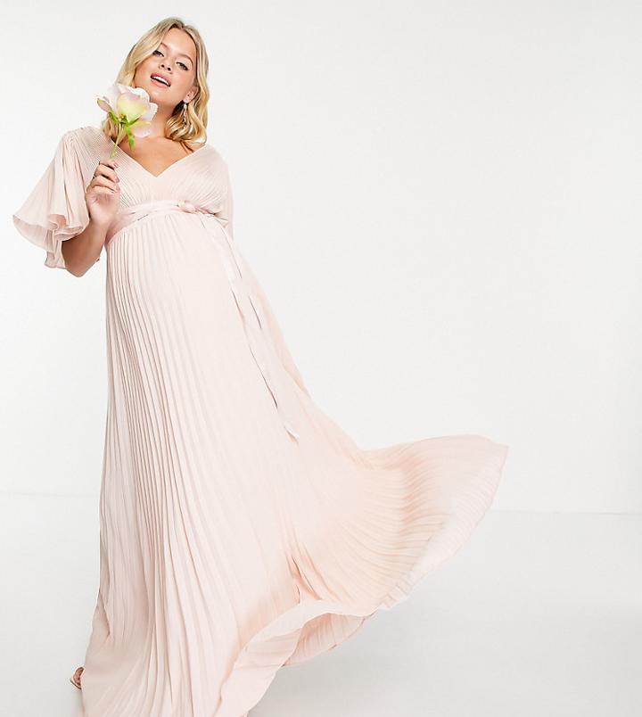 Asos Design Maternity Bridesmaid Pleated Flutter Sleeve Maxi Dress With Satin Wrap Waist-pink
