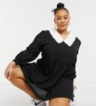 Daisy Street Plus Long Sleeve Mini Smock Dress With Contrast Collar-black