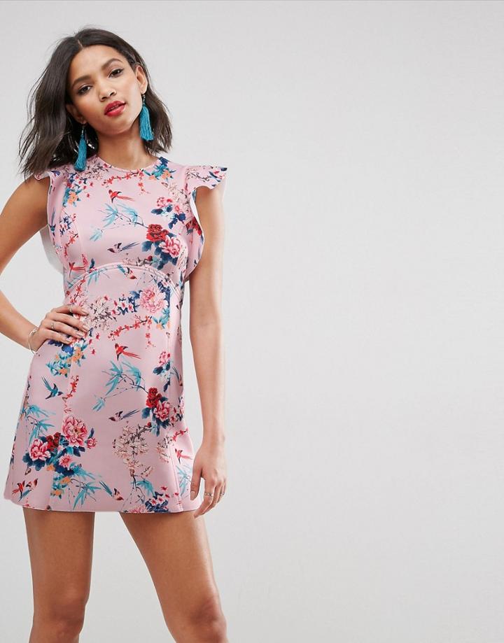 Asos Bonded Scuba Skater Dress With Frill Detail In Floral Print - Multi