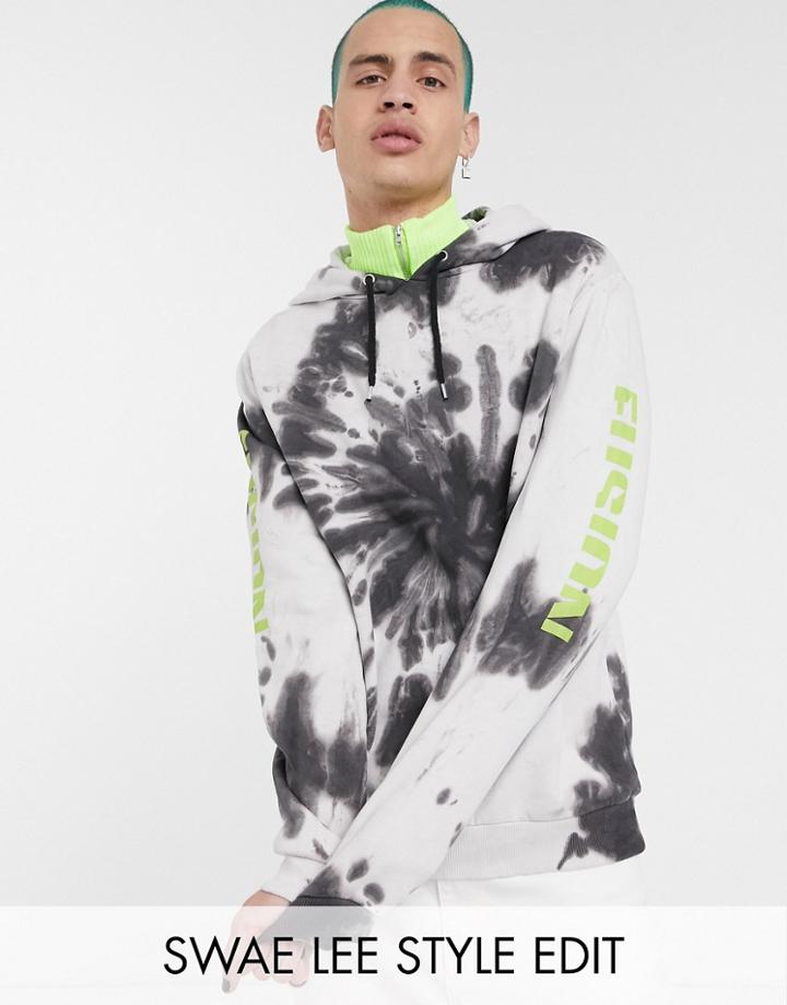 Asos Design Hoodie In Tie Dye Wash With Neon Sleeve Prints