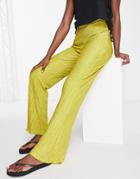 Topshop Beach Textured Plisse Straight Leg Pants In Chartreuse-yellow