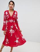 Asos Design Embroidered Midi Dress With Lace Trims - Red