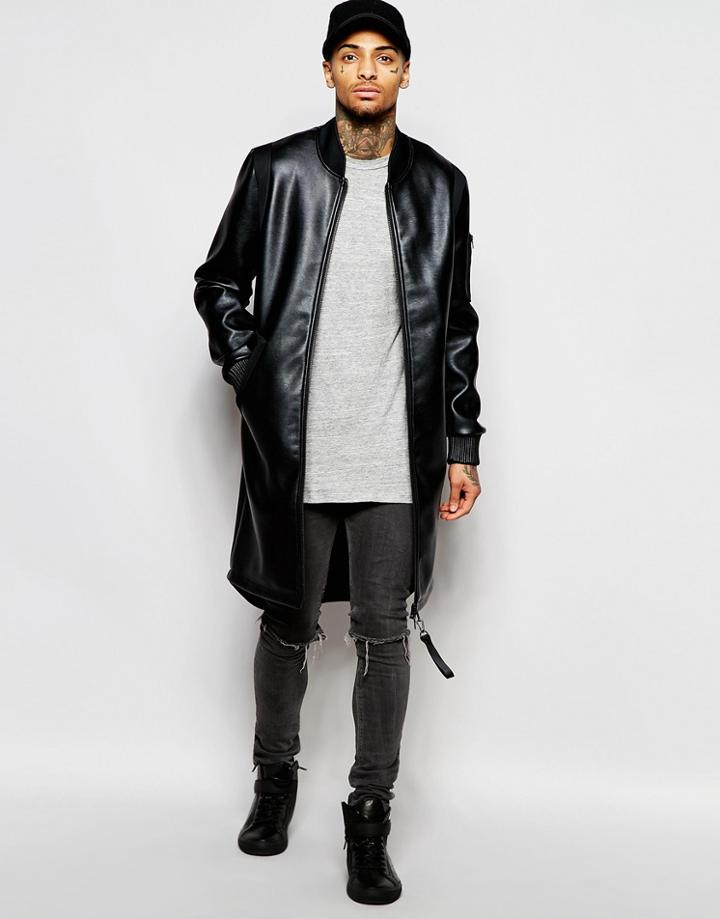 Dark Future Faux Leather Longline Bomber With Neoprene Detail In Black - Black