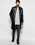 Dark Future Faux Leather Longline Bomber With Neoprene Detail In Black - Black