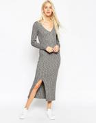 Asos Midi Dress In Rib With Thigh Split And V-neck - Mono
